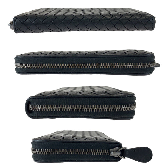 BOTTEGAVENETA Long Wallet Purse 114076 1000 lambskin Black Silver Metal Long Wallet Purse Zip Around INTRECCIATO mens Used Authentic