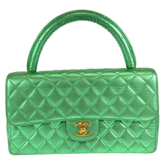 CHANEL Handbag lambskin Metallic Green GoldMetal Parent-child bags, handbags, vanity bags Matelasse Parents Only COCO Mark Turnlock Women Used Authentic