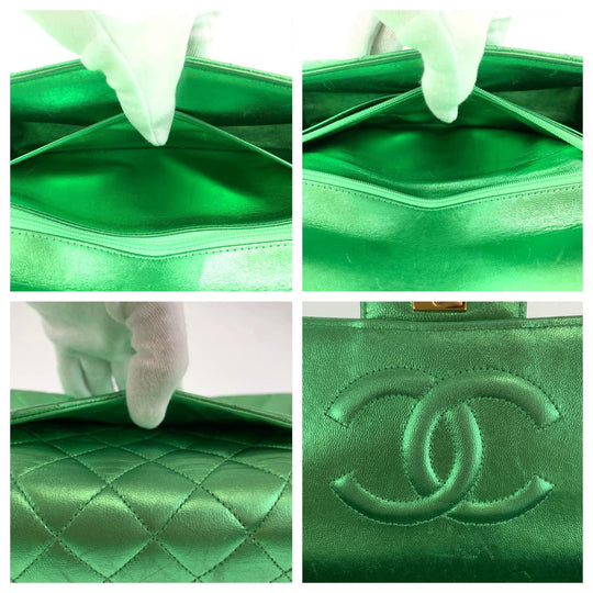 CHANEL Handbag lambskin Metallic Green GoldMetal Parent-child bags, handbags, vanity bags Matelasse Parents Only COCO Mark Turnlock Women Used Authentic