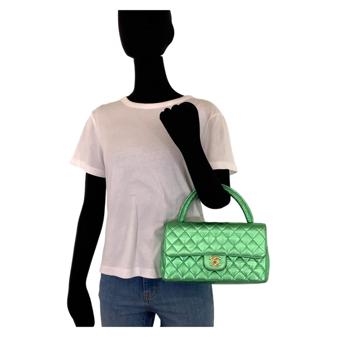 CHANEL Handbag lambskin Metallic Green GoldMetal Parent-child bags, handbags, vanity bags Matelasse Parents Only COCO Mark Turnlock Women Used Authentic
