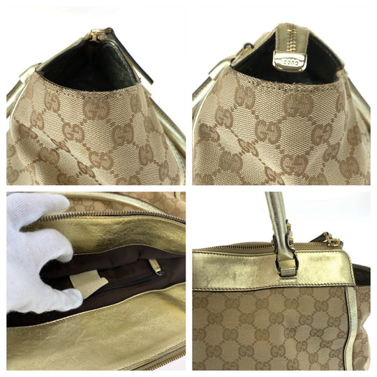 GUCCI Tote Bag 190248 GG canvas, leather Beige Gold GoldMetal Tote Bag Shoulder Bag Handbag Abbey Women Used Authentic