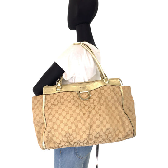 GUCCI Tote Bag 190248 GG canvas, leather Beige Gold GoldMetal Tote Bag Shoulder Bag Handbag Abbey Women Used Authentic