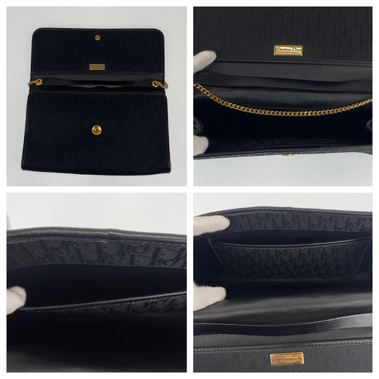 Dior Shoulder Bag canvas Black Gold Metal ChainShoulder Bag Clutch bag Trotter Women Used Authentic