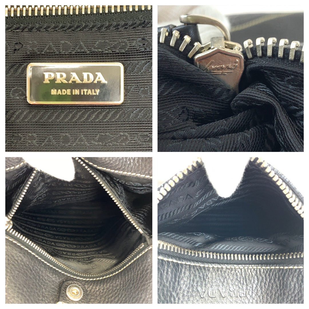 PRADA Shoulder Bag leather Black Silver Metal Shoulder Bag Hobo Women Used Authentic
