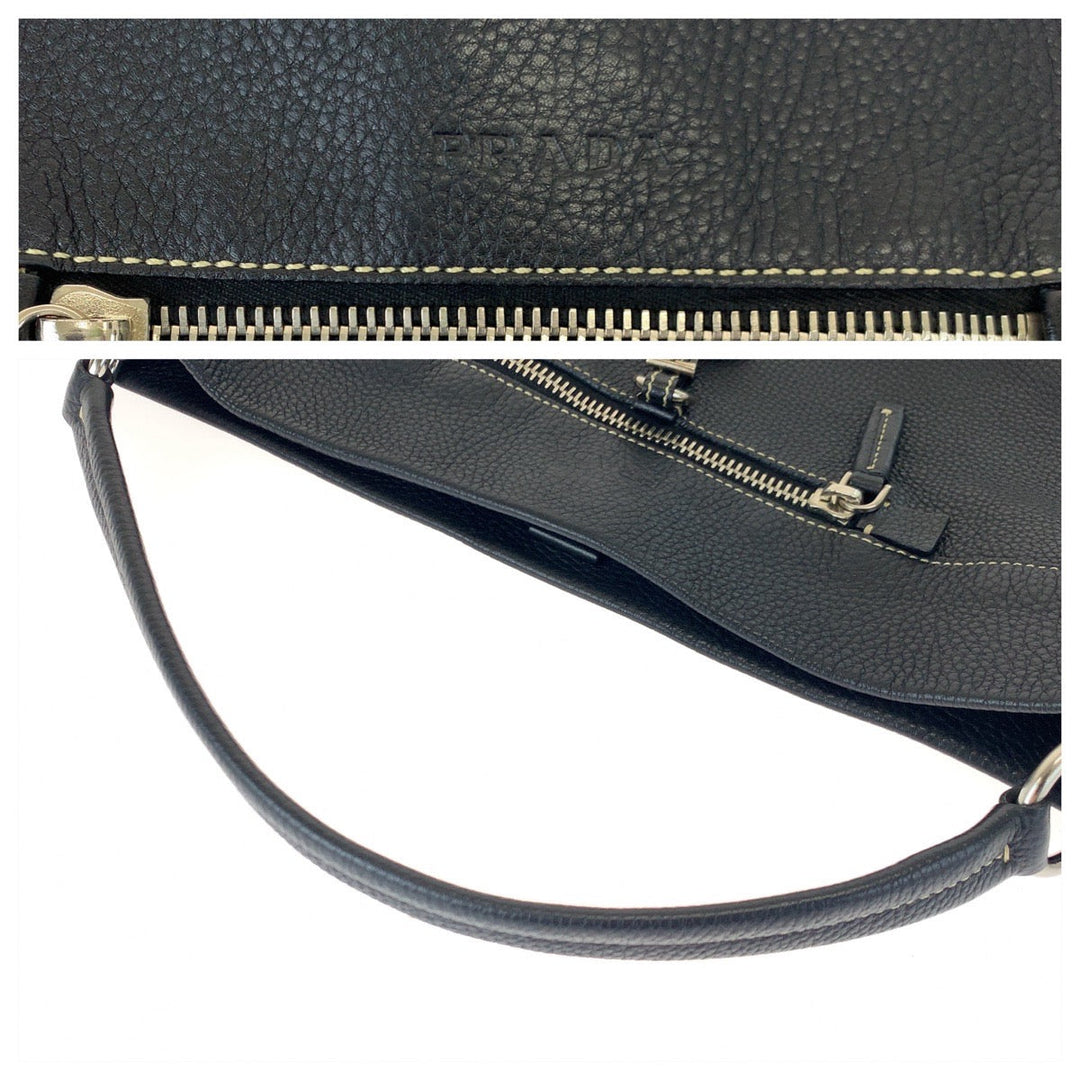 PRADA Shoulder Bag leather Black Silver Metal Shoulder Bag Hobo Women Used Authentic