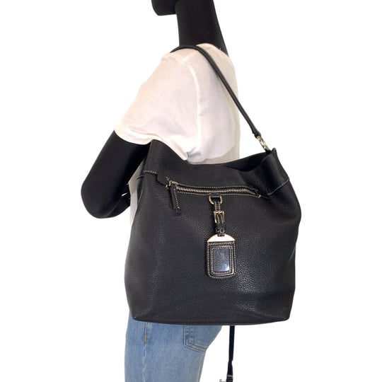 PRADA Shoulder Bag leather Black Silver Metal Shoulder Bag Hobo Women Used Authentic