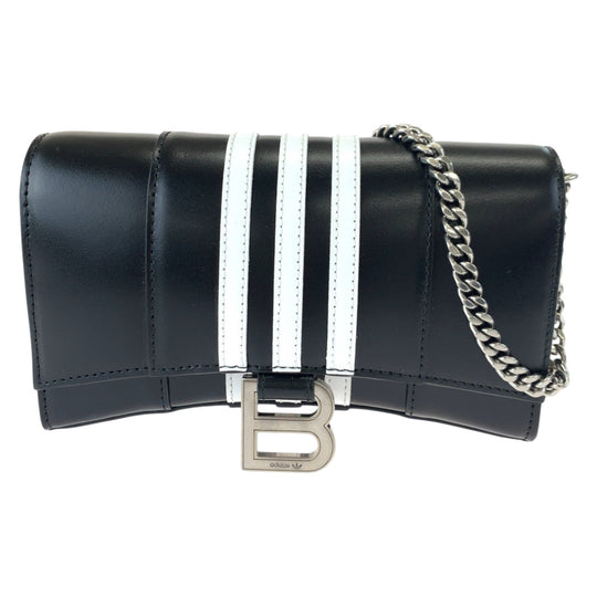BALENCIAGA Long Wallet Purse 2304BLSJJ BAL3145 leather Black Adidas collaboration Hourglass Wallet On Chain Women Used Authentic
