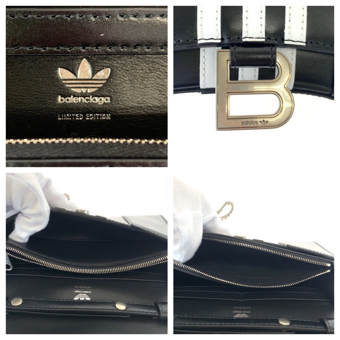 BALENCIAGA Long Wallet Purse 2304BLSJJ BAL3145 leather Black Adidas collaboration Hourglass Wallet On Chain Women Used Authentic