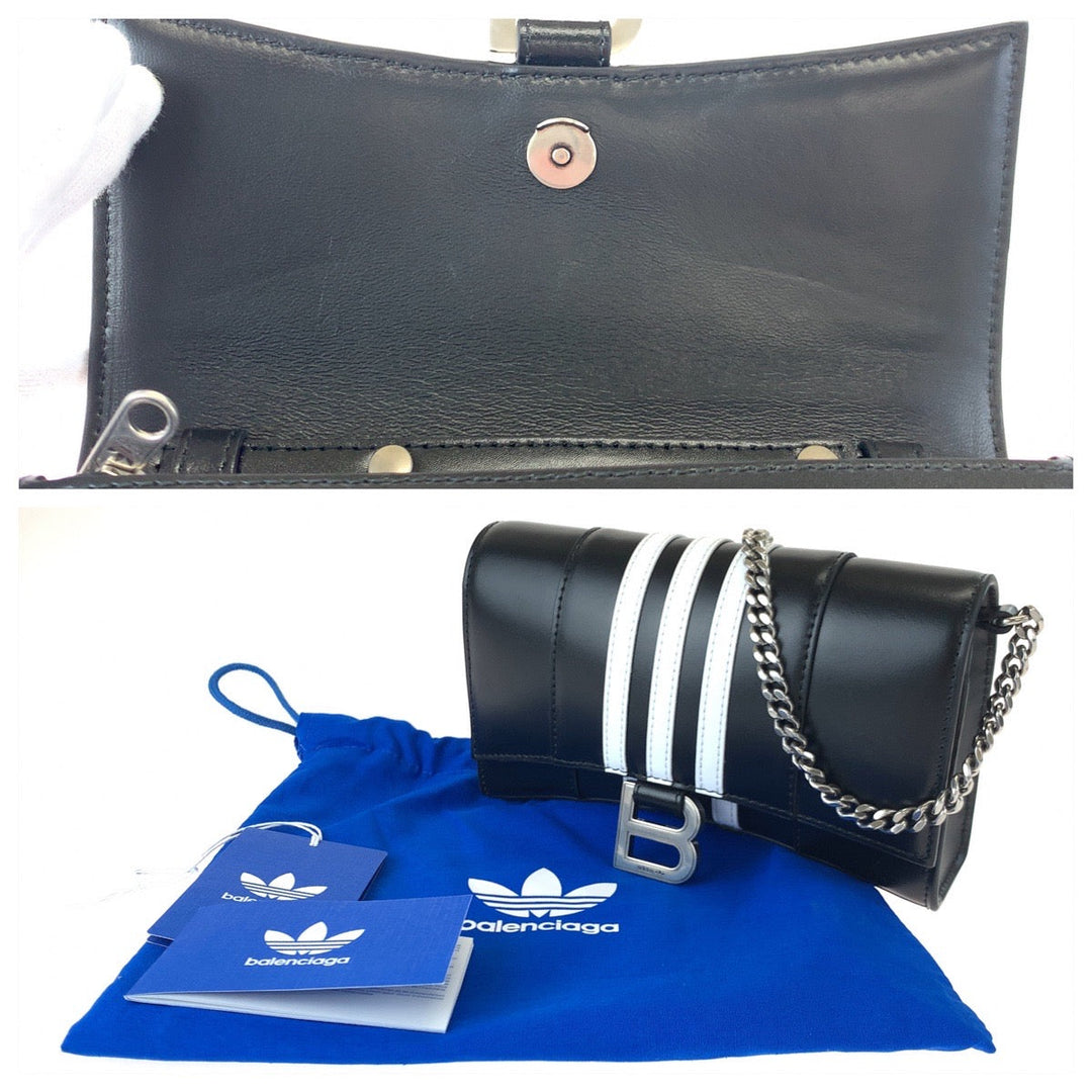 BALENCIAGA Long Wallet Purse 2304BLSJJ BAL3145 leather Black Adidas collaboration Hourglass Wallet On Chain Women Used Authentic