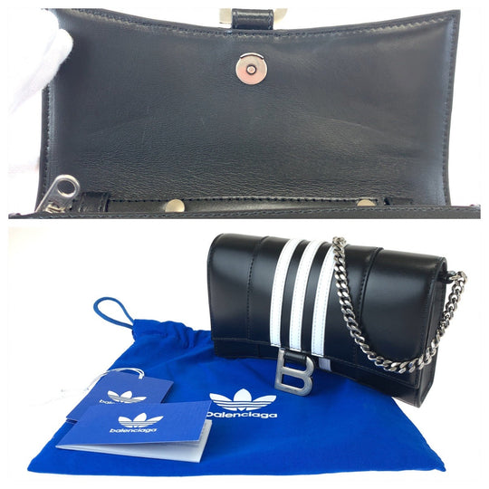 BALENCIAGA Long Wallet Purse 2304BLSJJ BAL3145 leather Black Adidas collaboration Hourglass Wallet On Chain Women Used Authentic