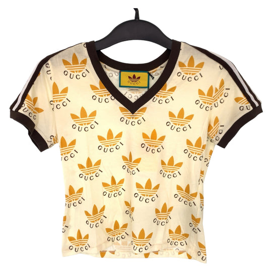 GUCCI Short sleeve T-shirt 693539 cotton Cream Orange Black Short-sleeved T-shirt, V-neck, short length adidasxGUCCI logo Women XS Used Authentic