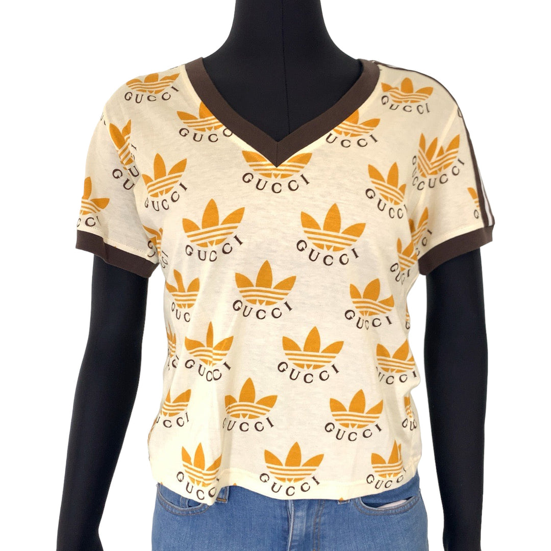 GUCCI Short sleeve T-shirt 693539 cotton Cream Orange Black Short-sleeved T-shirt, V-neck, short length adidasxGUCCI logo Women XS Used Authentic