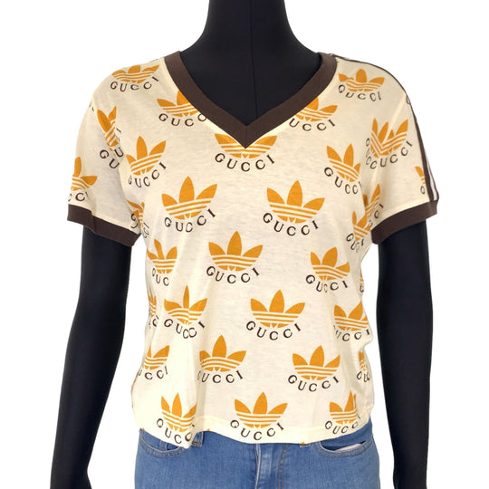 GUCCI Short sleeve T-shirt 693539 cotton Cream Orange Black Short-sleeved T-shirt, V-neck, short length adidasxGUCCI logo Women XS Used Authentic