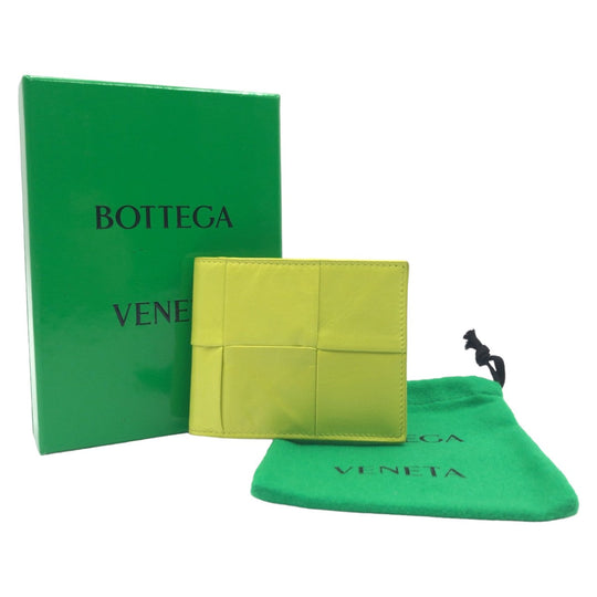 BOTTEGAVENETA Bifold Wallet leather Yellow Lime Yellow Folding wallet Compact wallet MAXI INTRECCIATO cassette mens Used Authentic