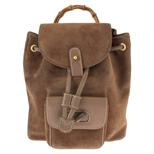 GUCCI Backpack 003 3444 0030 Suede Brown Gold Metal Backpack Bamboo Old Gucci Women Used Authentic