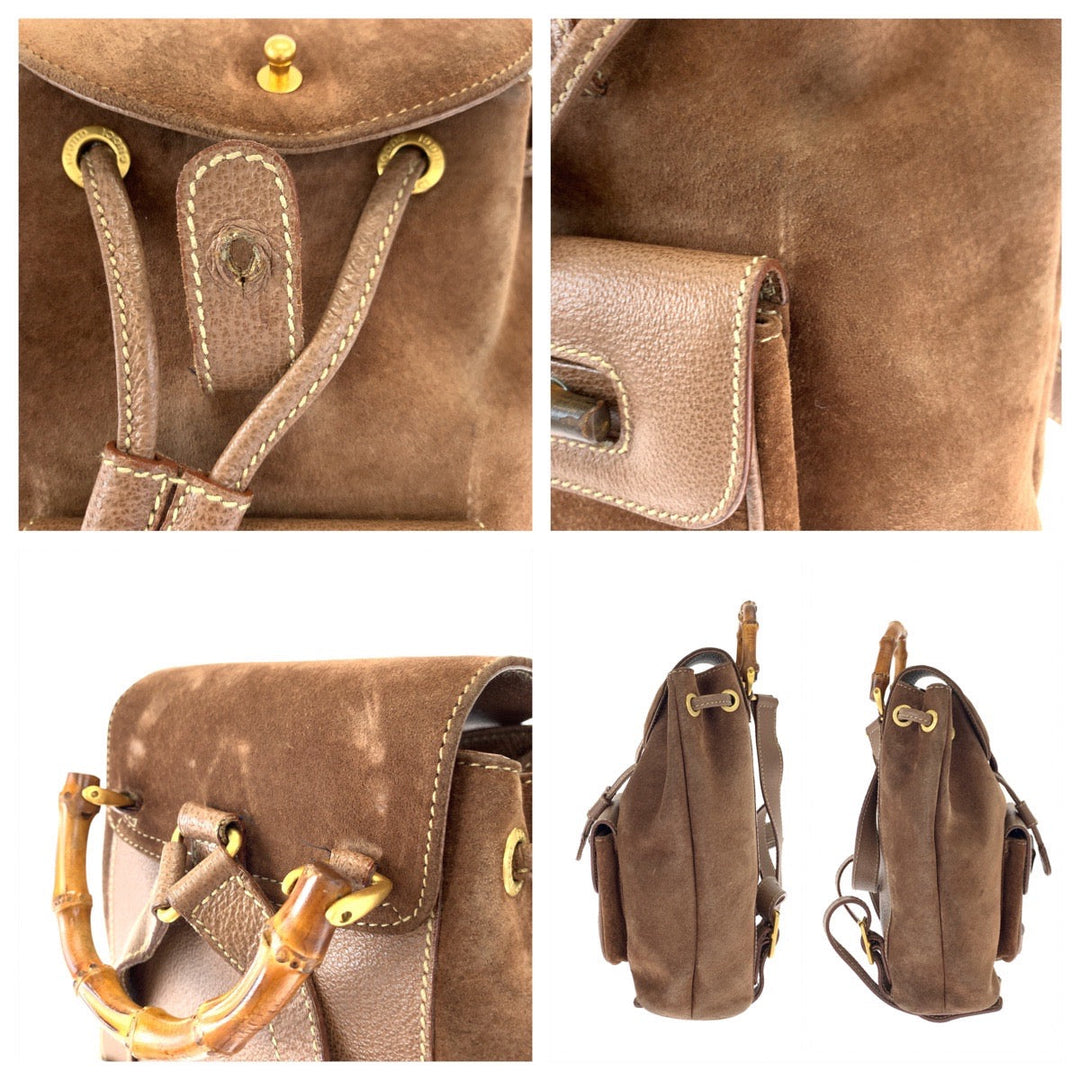 GUCCI Backpack 003 3444 0030 Suede Brown Gold Metal Backpack Bamboo Old Gucci Women Used Authentic