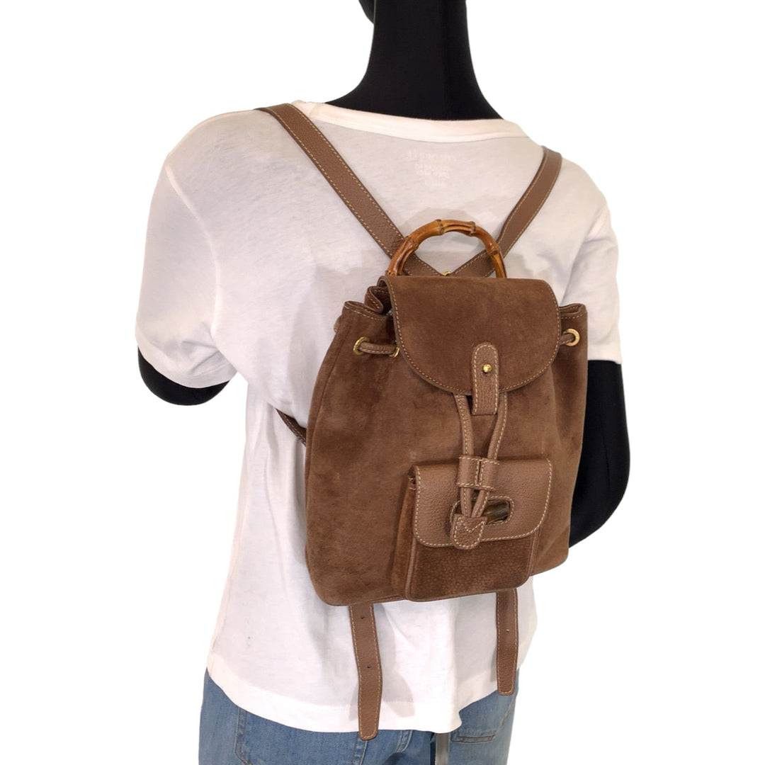 GUCCI Backpack 003 3444 0030 Suede Brown Gold Metal Backpack Bamboo Old Gucci Women Used Authentic