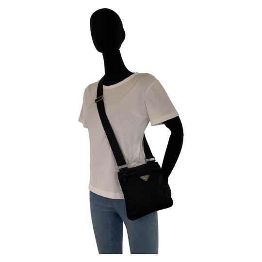 PRADA Shoulder Bag Nylon Black Silver Metal Crossbody Shoulder Bag Pochette Test Triangle With logo mens Used Authentic