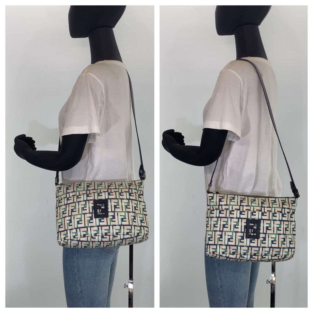 FENDI Shoulder Bag canvas Green Pink Navy Crossbody Shoulder Bag Messenger Bag Zucca Pattern FF logo Women Used Authentic