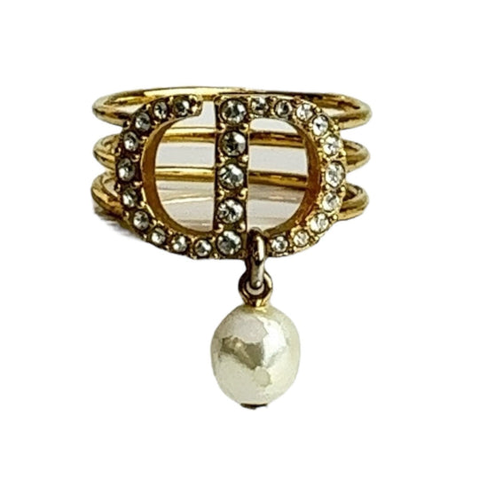 Dior Ring Metal, Rhinestone gold Ring Rhinestone Pearl Women M Used Authentic