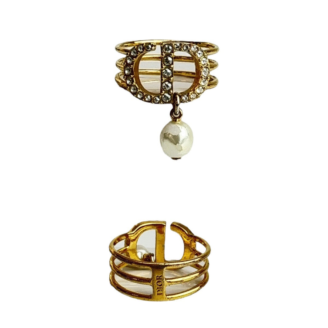Dior Ring Metal, Rhinestone gold Ring Rhinestone Pearl Women M Used Authentic