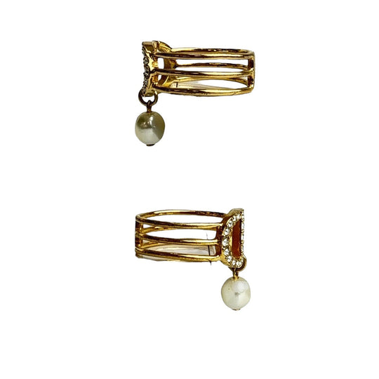 Dior Ring Metal, Rhinestone gold Ring Rhinestone Pearl Women M Used Authentic