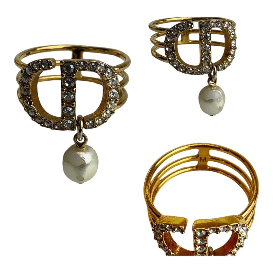 Dior Ring Metal, Rhinestone gold Ring Rhinestone Pearl Women M Used Authentic