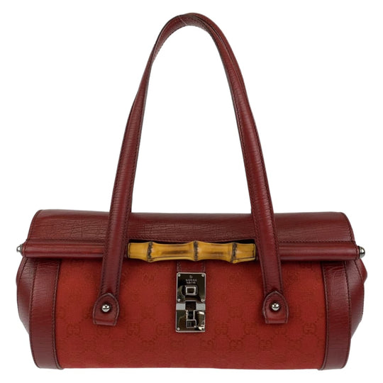 GUCCI Handbag 111713 3444 GG canvas Red Silver Metal Handbag Shoulder Bag Bamboo Women Used Authentic