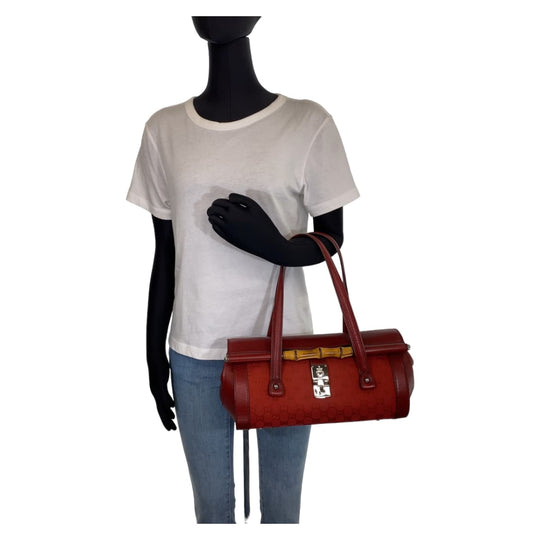 GUCCI Handbag 111713 3444 GG canvas Red Silver Metal Handbag Shoulder Bag Bamboo Women Used Authentic