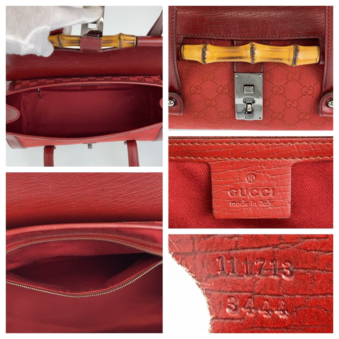 GUCCI Handbag 111713 3444 GG canvas Red Silver Metal Handbag Shoulder Bag Bamboo Women Used Authentic