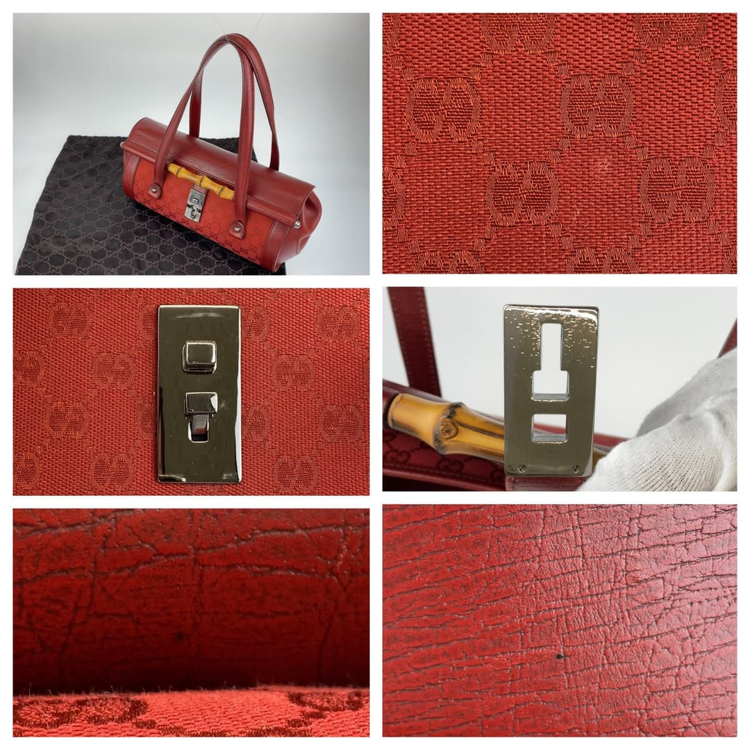 GUCCI Handbag 111713 3444 GG canvas Red Silver Metal Handbag Shoulder Bag Bamboo Women Used Authentic