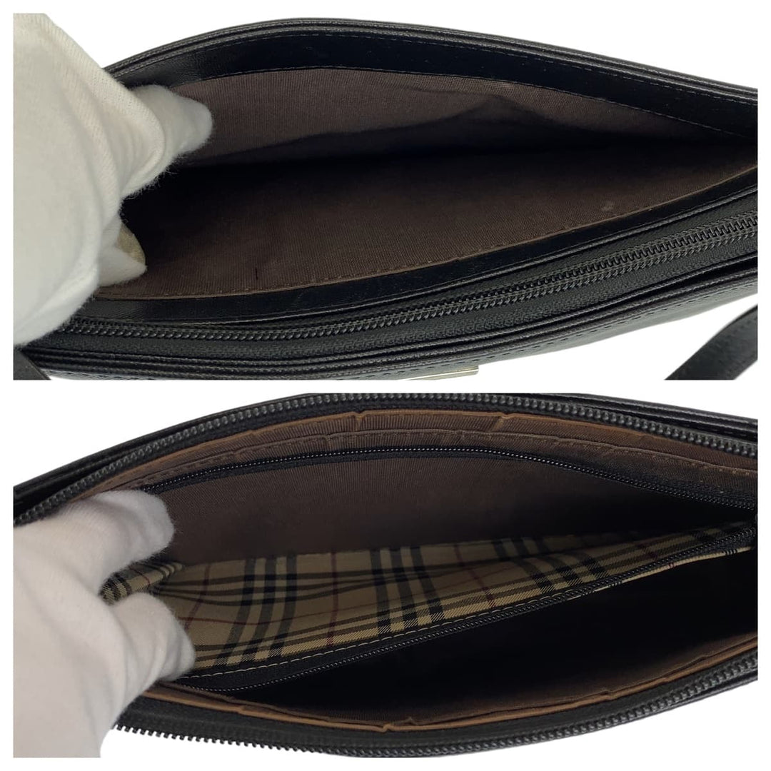 BURBERRY Handbag leather Black Silver Metal Handbags, Accessory Pouches, Shoulder Bags Medium Check Pattern Women Used Authentic