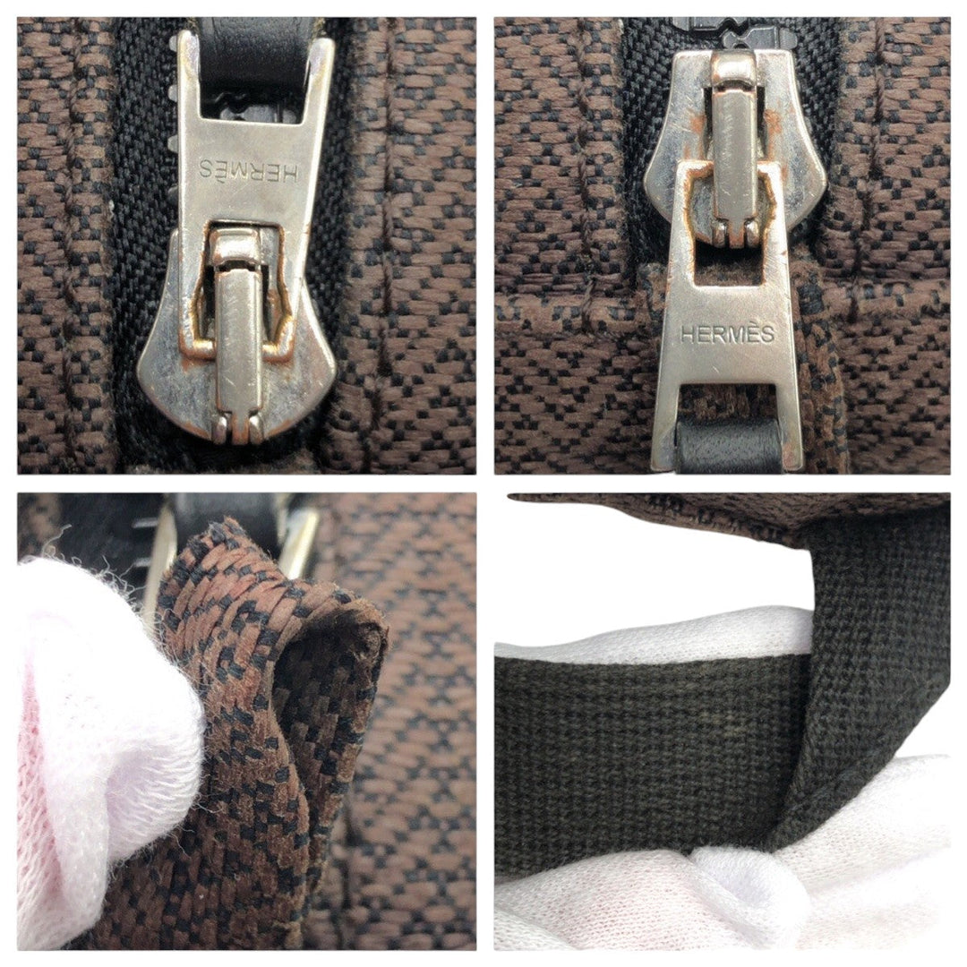 HERMES Pouch cotton Brown Silver Metal Pouch Globetrotter MM mens Used Authentic