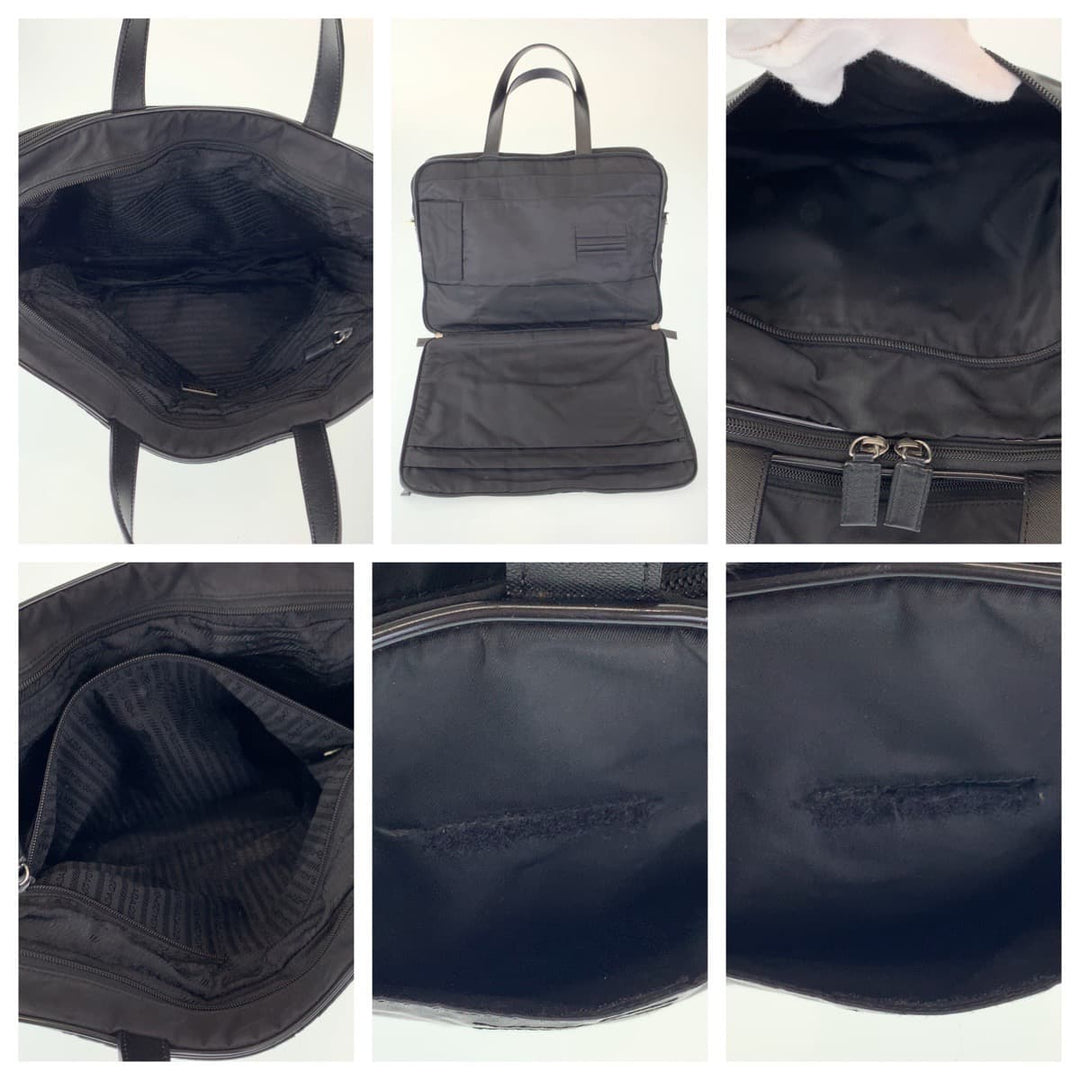 PRADA Business bag Nylon, Leather Black Silver Metal Business bag briefcase Test Triangular logo mens Used Authentic