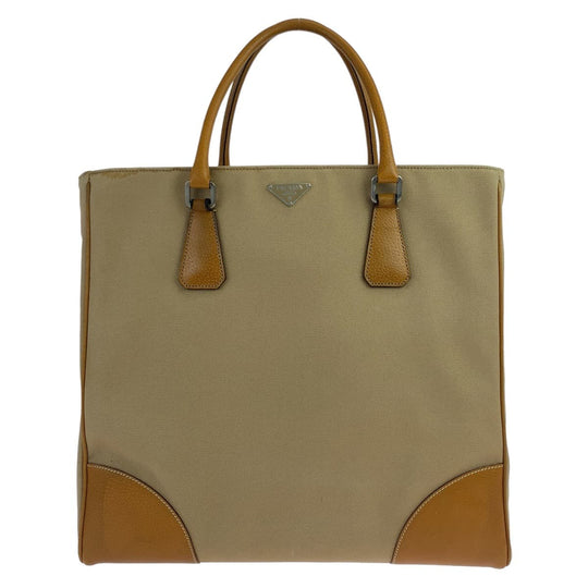 PRADA Tote Bag Canvas, Leather Beige Camel SilverMetal Tote Bag handbag Triangle With logo mens Used Authentic