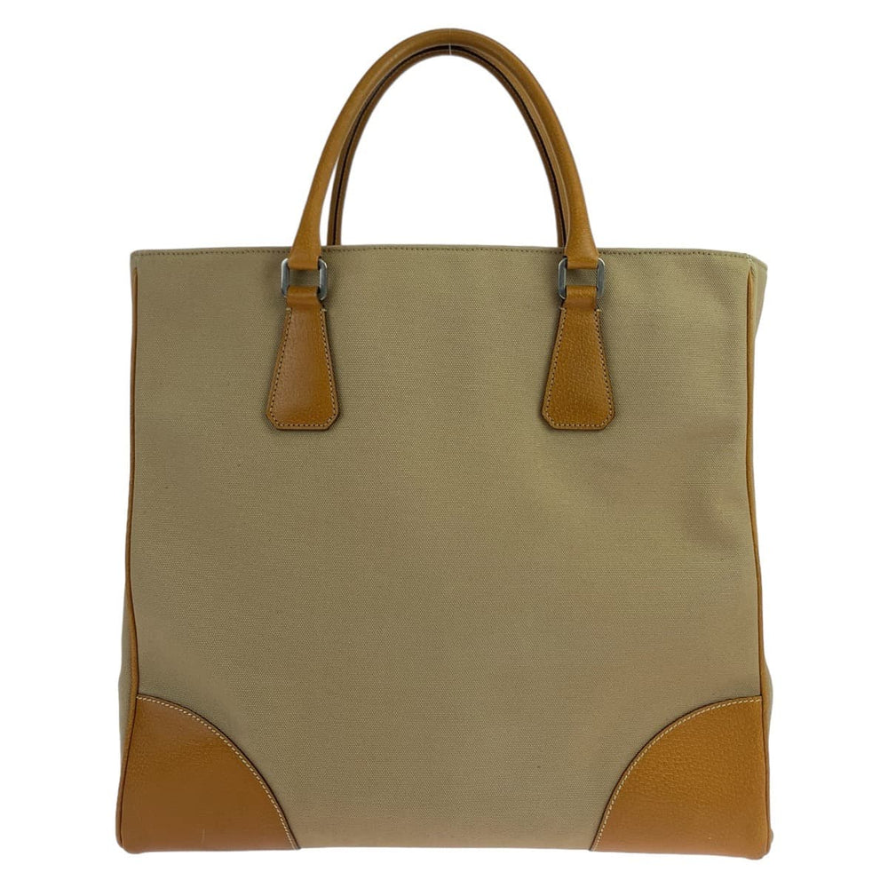PRADA Tote Bag Canvas, Leather Beige Camel SilverMetal Tote Bag handbag Triangle With logo mens Used Authentic