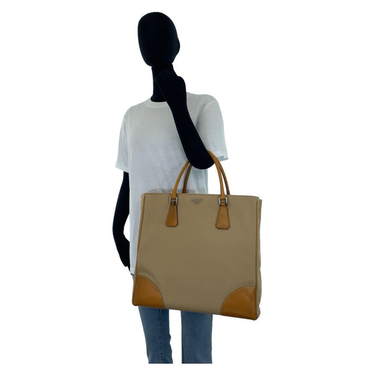 PRADA Tote Bag Canvas, Leather Beige Camel SilverMetal Tote Bag handbag Triangle With logo mens Used Authentic