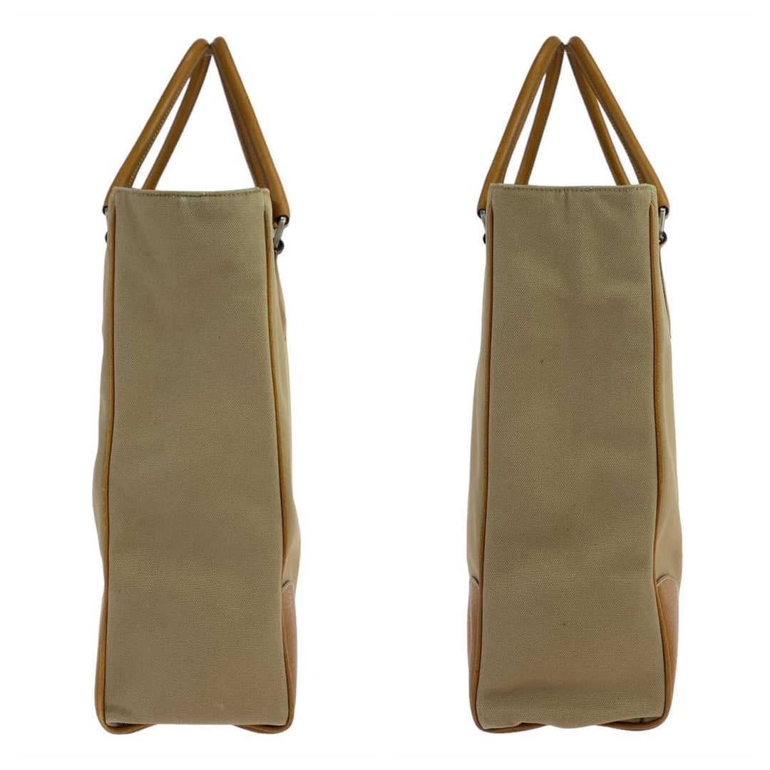 PRADA Tote Bag Canvas, Leather Beige Camel SilverMetal Tote Bag handbag Triangle With logo mens Used Authentic