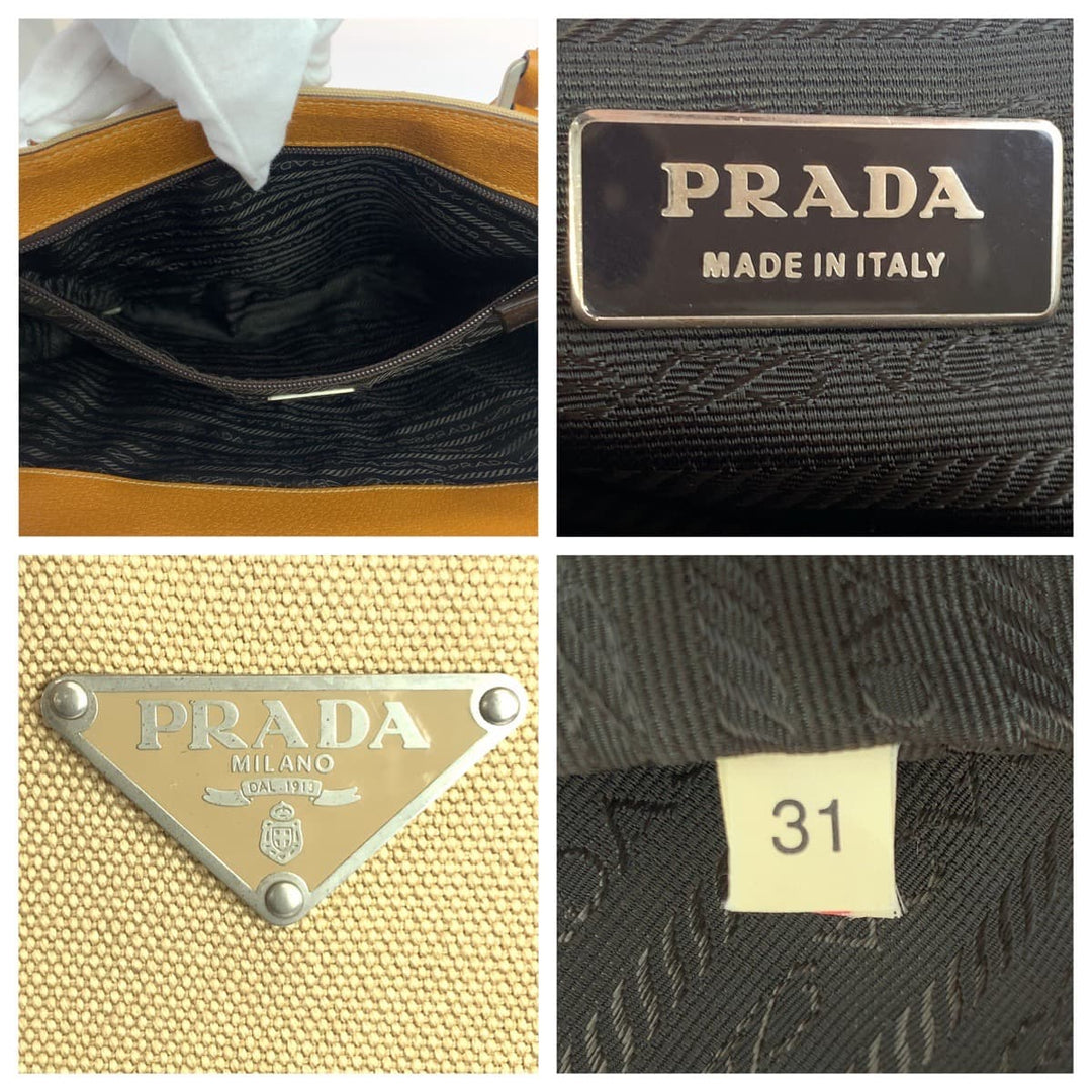 PRADA Tote Bag Canvas, Leather Beige Camel SilverMetal Tote Bag handbag Triangle With logo mens Used Authentic