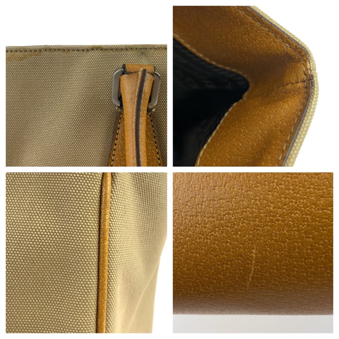 PRADA Tote Bag Canvas, Leather Beige Camel SilverMetal Tote Bag handbag Triangle With logo mens Used Authentic