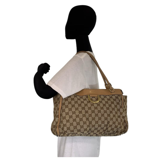 GUCCI Tote Bag 189831 GG canvas, leather Beige Brown Gold Metal Tote Bag Shoulder Bag Handbag Abbey Women Used Authentic