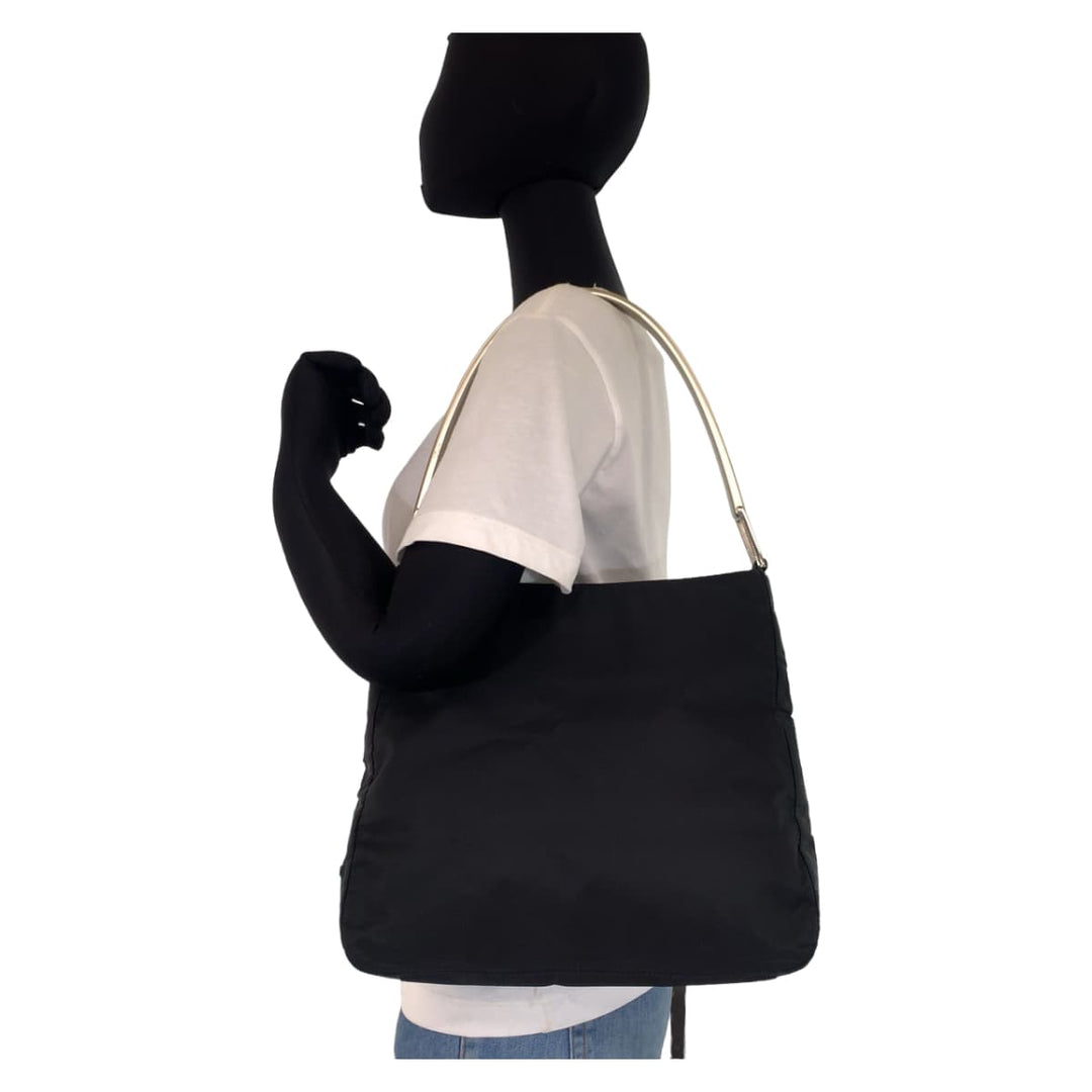 PRADA Shoulder Bag Nylon black Hobo Shoulder Bag Test Triangle logo plastic handle Women Used Authentic