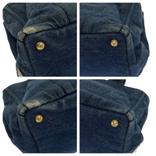 PRADA Tote Bag denim Blue GoldMetal Tote Bag handbag Canapa Triangle With logo Women Used Authentic