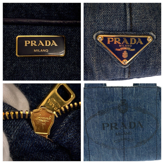 PRADA Tote Bag denim Blue GoldMetal Tote Bag handbag Canapa Triangle With logo Women Used Authentic