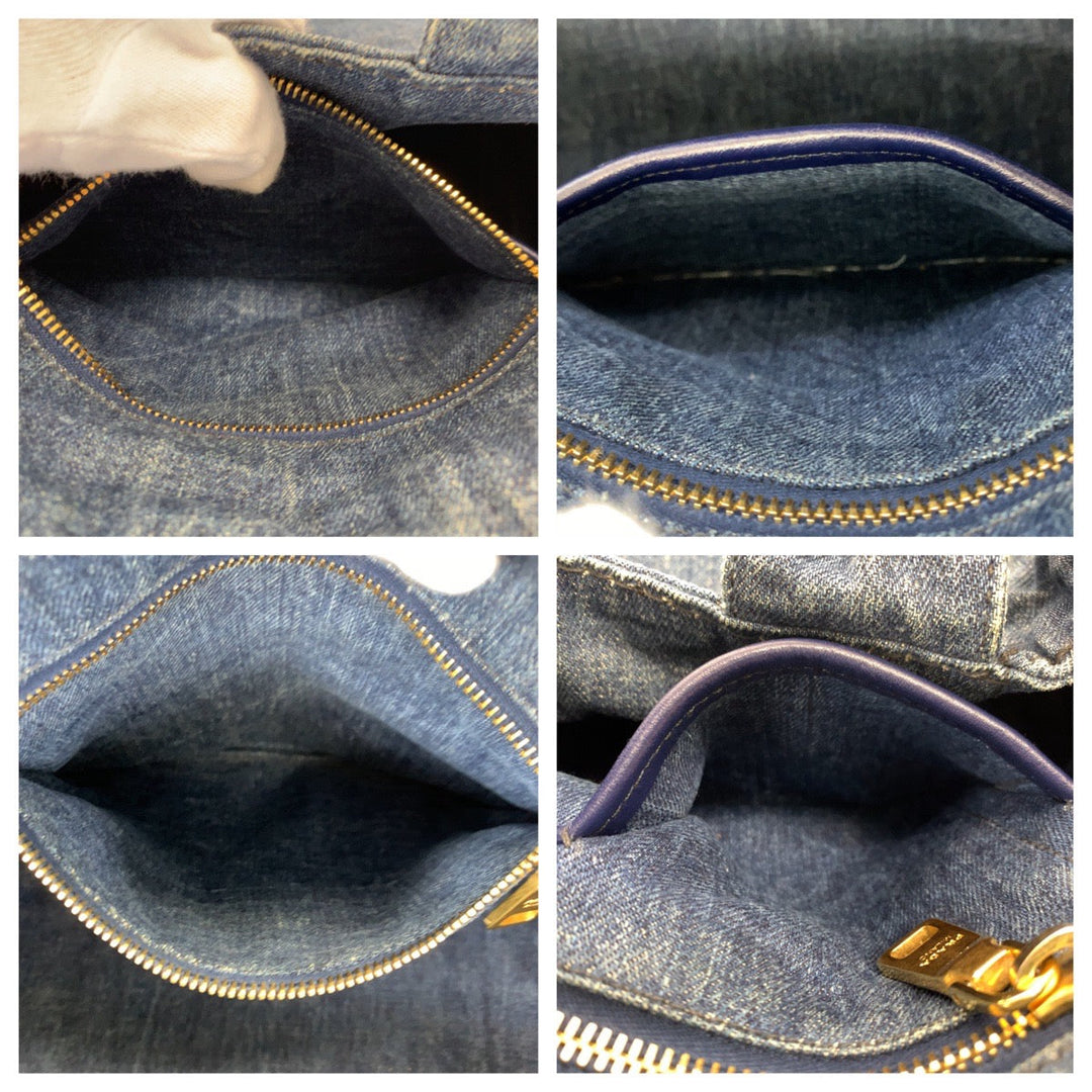 PRADA Tote Bag denim Blue GoldMetal Tote Bag handbag Canapa Triangle With logo Women Used Authentic