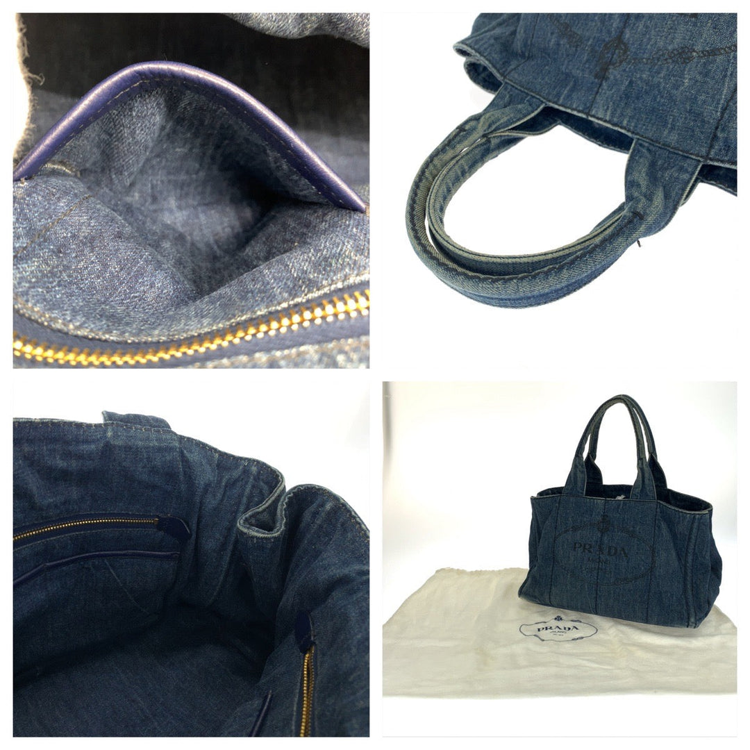 PRADA Tote Bag denim Blue GoldMetal Tote Bag handbag Canapa Triangle With logo Women Used Authentic
