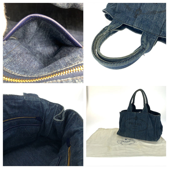 PRADA Tote Bag denim Blue GoldMetal Tote Bag handbag Canapa Triangle With logo Women Used Authentic