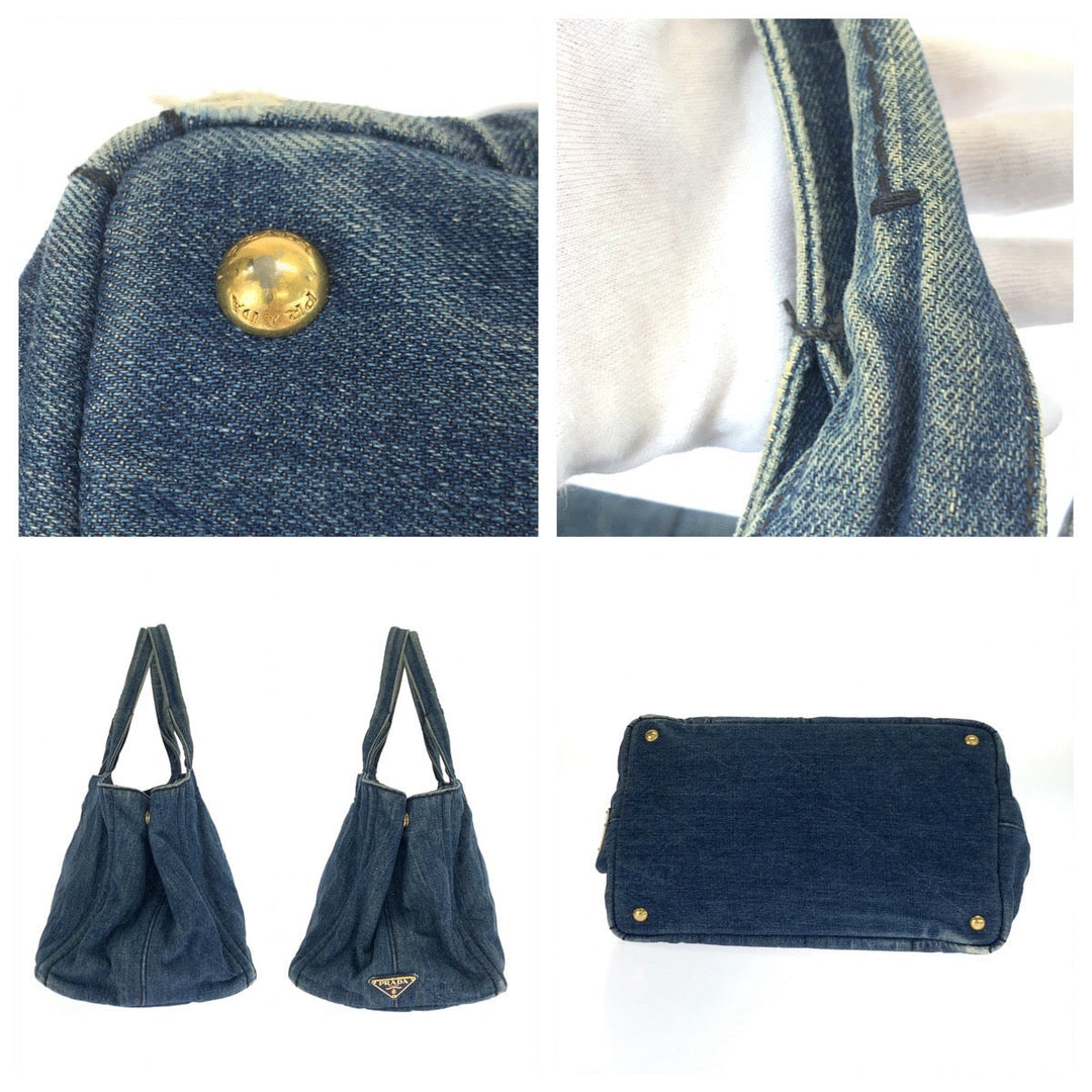PRADA Tote Bag denim Blue GoldMetal Tote Bag handbag Canapa Triangle With logo Women Used Authentic