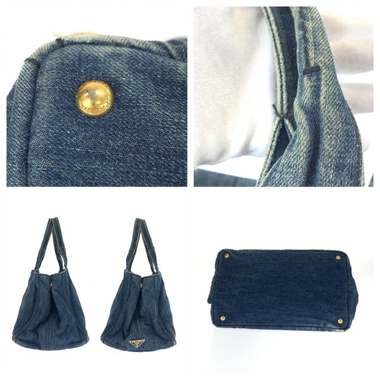 PRADA Tote Bag denim Blue GoldMetal Tote Bag handbag Canapa Triangle With logo Women Used Authentic