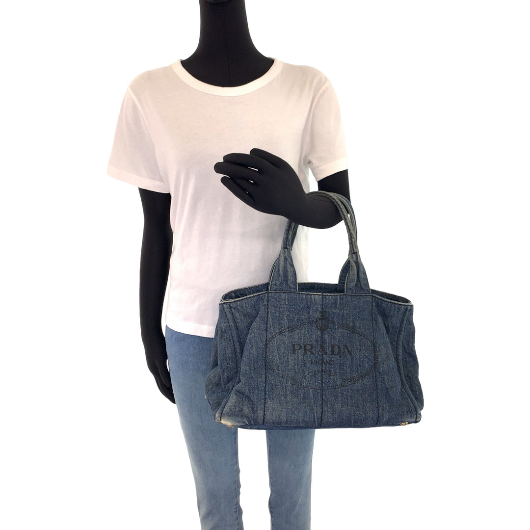 PRADA Tote Bag denim Blue GoldMetal Tote Bag handbag Canapa Triangle With logo Women Used Authentic